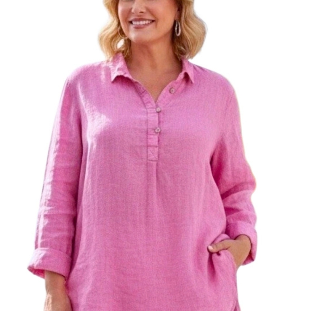 Cynthia Rowley Linen Quarter Button-Up Tunic Top Pink (1X)